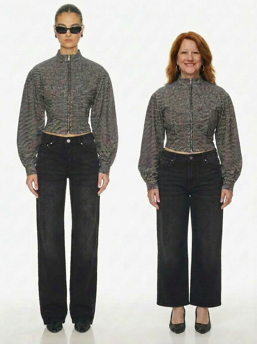Side-by-side: 5'10 stock model and 5'2 shopper in the same houndstooth corset jacket and black wide-leg jeans