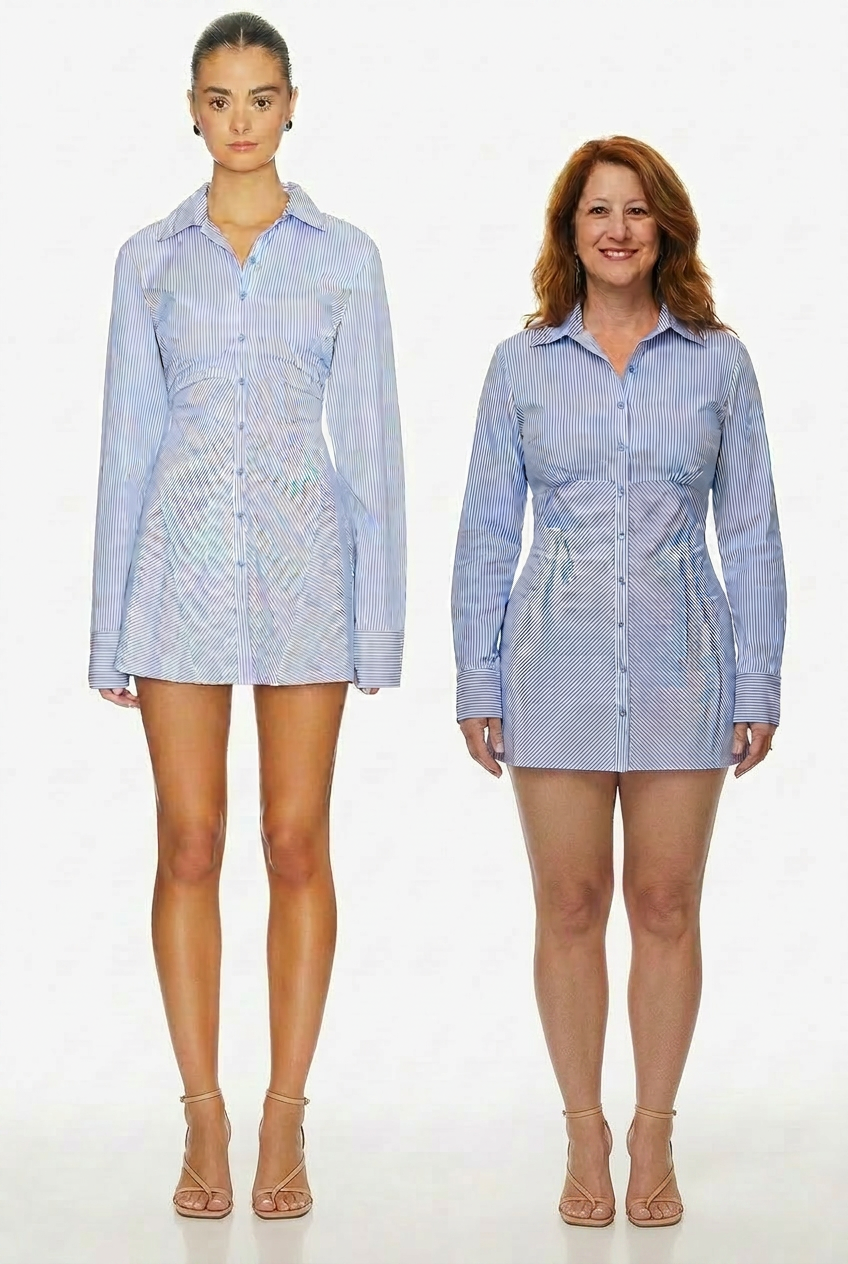 Side-by-side: 5'10 stock model and 5'2 shopper in the same blue striped shirt dress