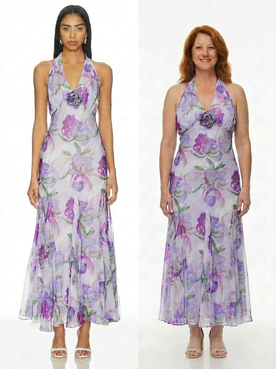 Stock model vs. real shopper in the same floral maxi dress