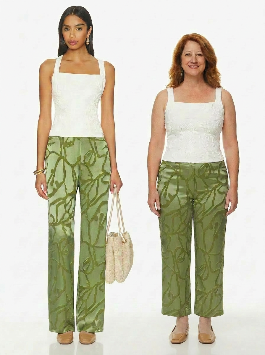 Side-by-side: 5'10 stock model and 5'2 shopper in the same white square-neck tank and olive green satin jacquard wide-leg pants