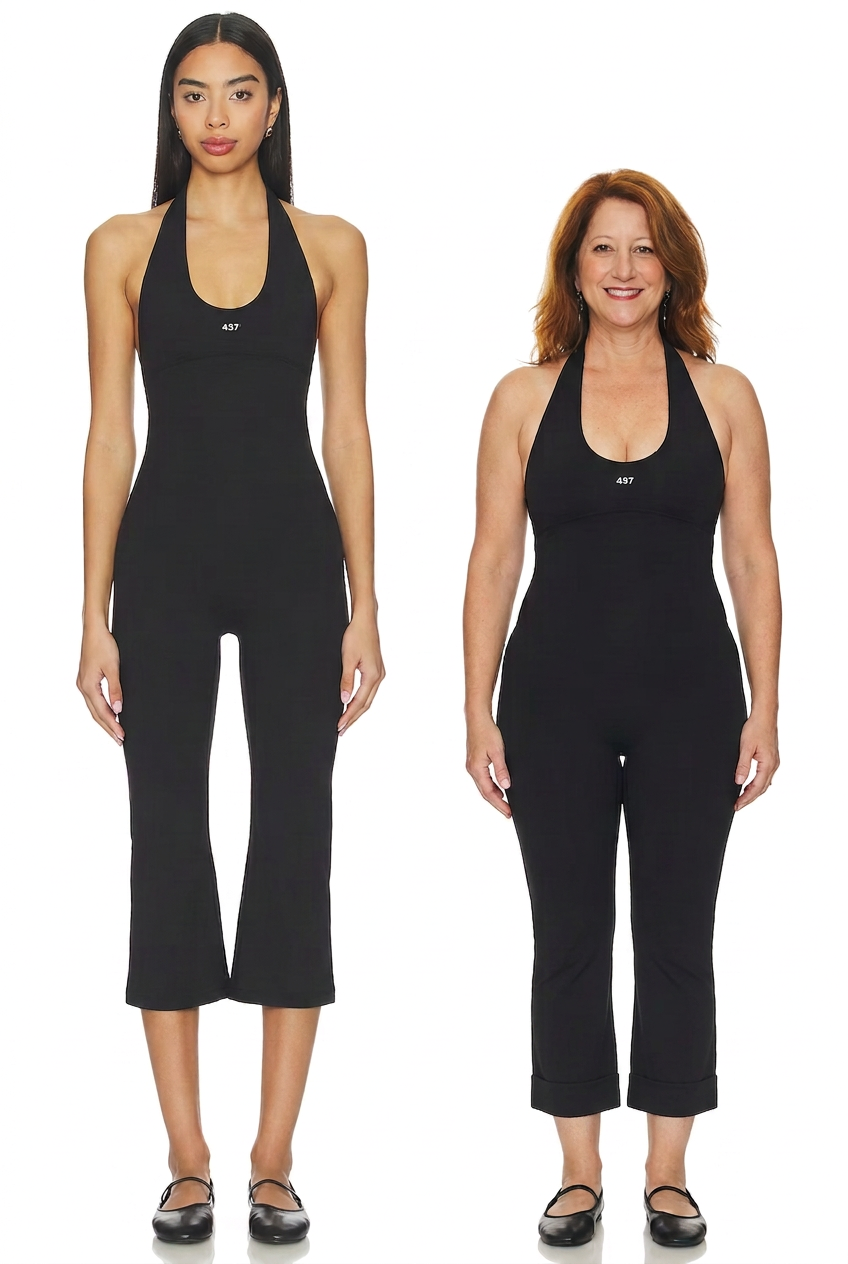 Side-by-side: 5'10 stock model and 5'2 shopper in the same black halter jumpsuit