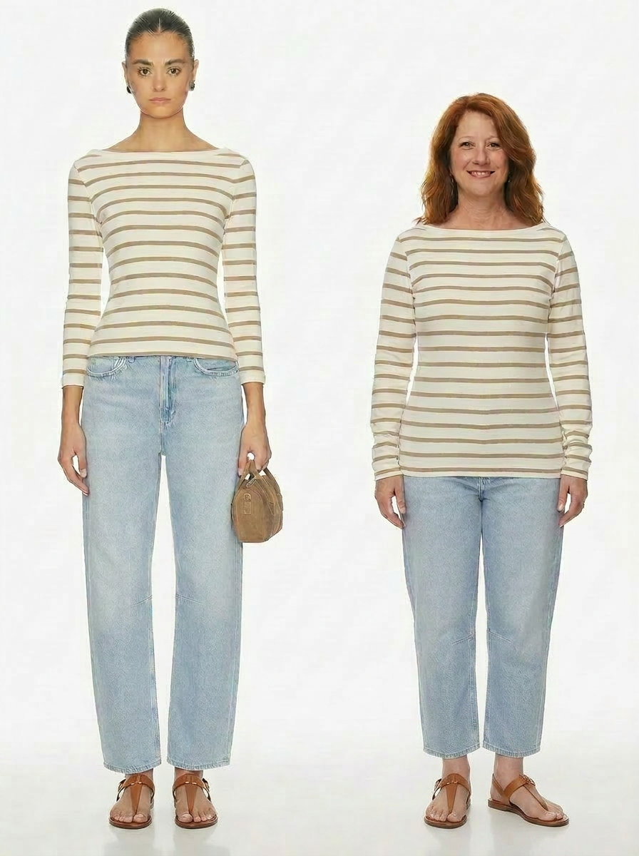 Stock model vs. real shopper in the same striped boatneck and barrel jeans